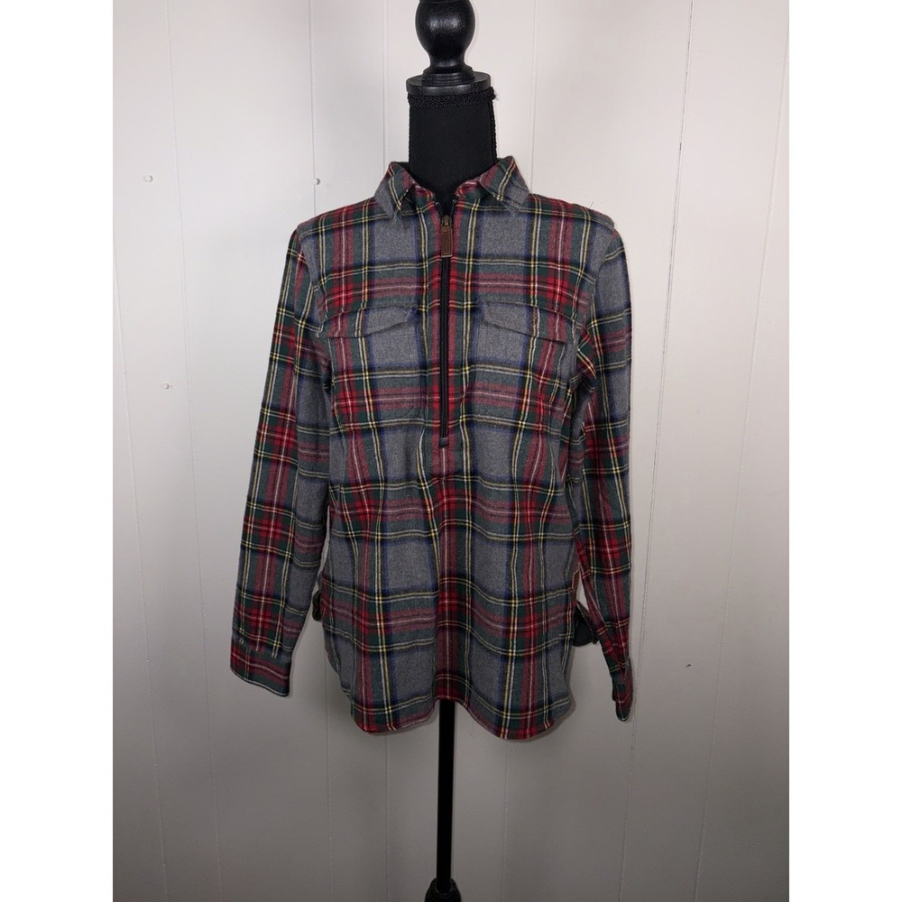 LL Bean Shirt Womens Small Scotch‎ Plaid Flannel 1/4 Zip Pullover